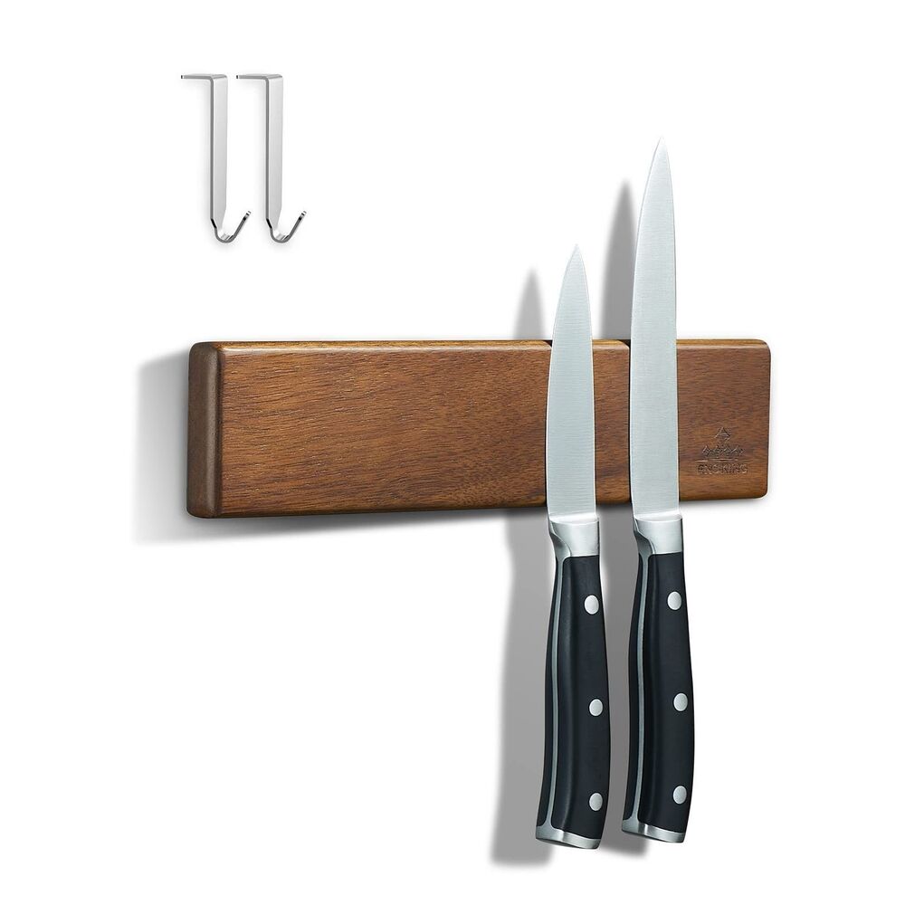 ENOKING 10" Magnetic Knife Holder Acacia Wood Strip Fridge Wall Mount 2 Hooks
